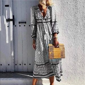Hawalili Daytime Boho V-neck Long Sleeve Sundress/Swimsuit Cover-up Maxi Dress.